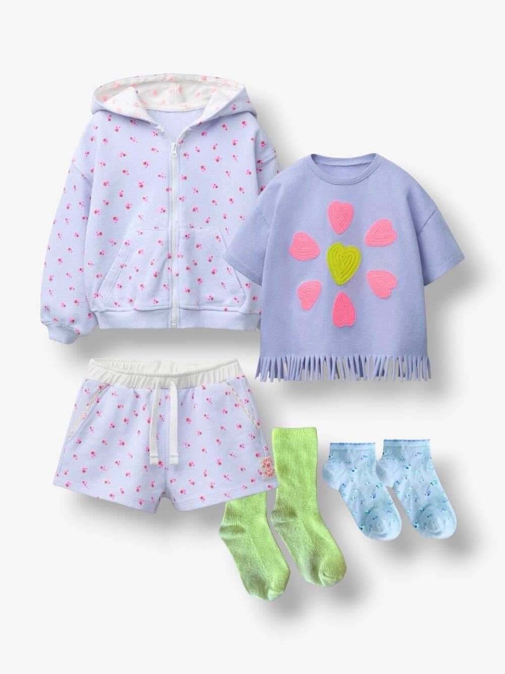 Zara Floral Shorts, Hoodie, Embroidered Fringed T-Shirt Set Size 5T Lavender